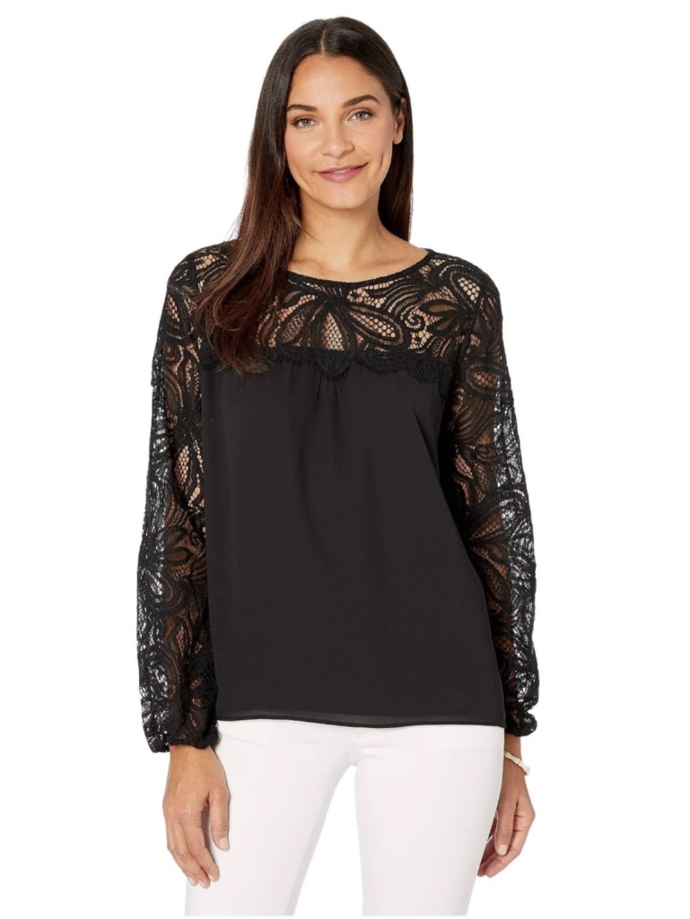 Lilly Pulitzer Keegan Black Lace Yoke Long-Sleeve Top